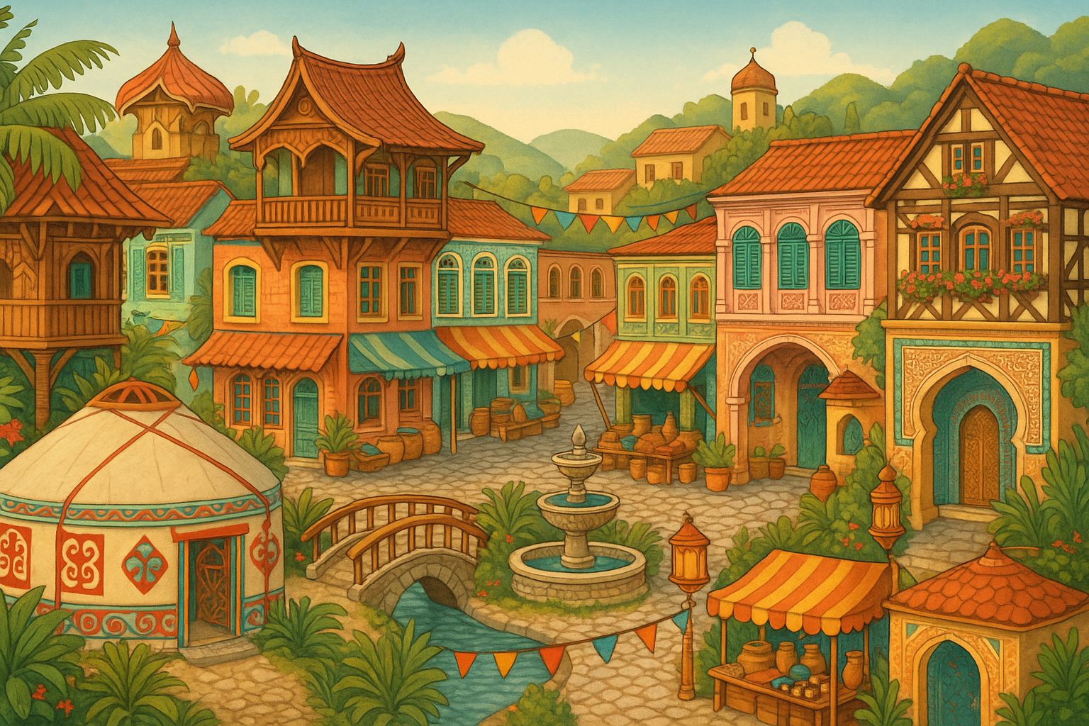 village of global cultures, leaning toward central asia, southeast asia, singapore, with a touch of europe and middle east, don't show people or religious buildings